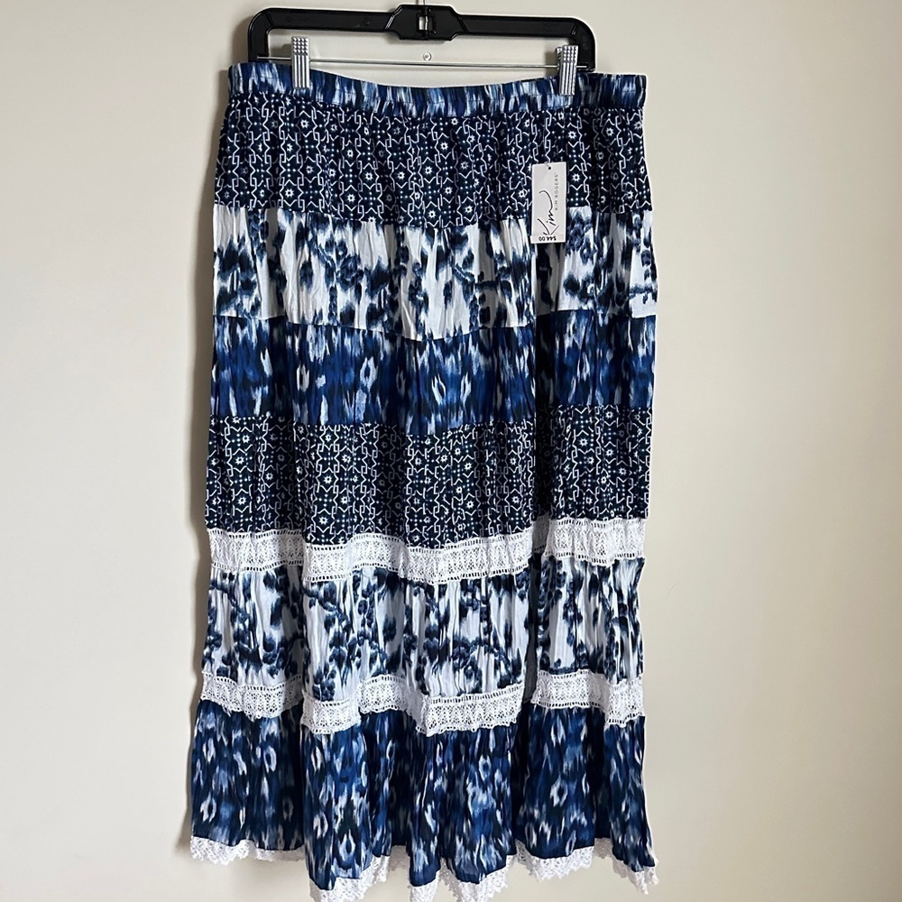 Kim Rogers Women’s 100% Cotton Lace Insert Unlined Elastic Waist Midi Skirt